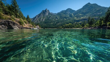 Crystal-clear lake nestled amongst towering mountains. Lush greenery surrounds a tranquil body of water, viewed from slightly below the surface, showcasing the water's transparency