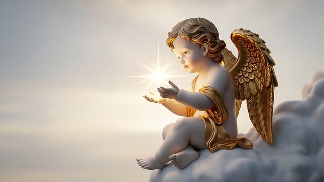 A cherubic angel with golden wings holds a radiant light source, sitting on a cloud.