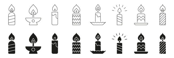 Candle Line And Solid Icon Set. Decorative Lighting, Celebration, And Spiritual Symbol Collection. Various Candle Designs For Festive And Relaxation Themes. Isolated Vector Illustration