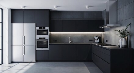Sleek Modern Kitchen Design with Dark Cabinets and Stainless Steel Appliances
