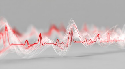 Abstract wave patterns of red and white lines on a light gray background
