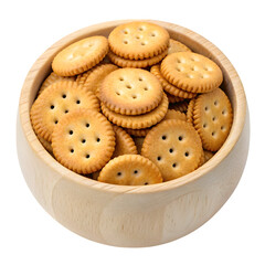 A wooden bowl filled with golden brown round crackers some stacked isolated on transparent background