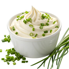 Creamy white dip or spread in a bowl topped with chopped green onions and chives isolated on transparent background