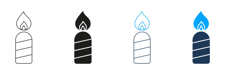 Candle With Flame Line And Solid Icon Set. Celebration, Relaxation, And Spiritual Symbol Collection. Decorative And Aromatic Candlelight. Isolated Vector Illustration
