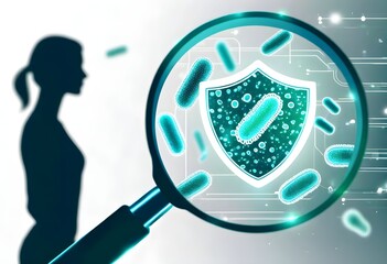 Silhouette of a woman looking at bacteria protected by a shield through a magnifying glass.