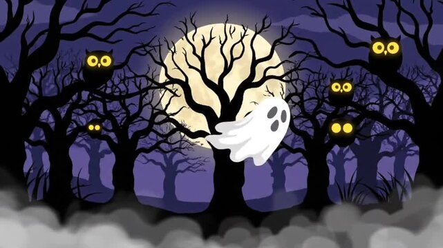 Vector illustration of a mysterious dark forest with leafless black trees swaying slightly. A full moon rises behind the branches, while a ghost floats in a wavy motion among the trees. Owls with glow