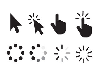 Set of computer cursor icon and computer hand icon with pointer also loading icon. silhouette vector illustration.
