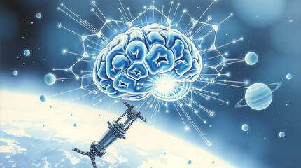 AI brain connected to space satellite with digital network connection