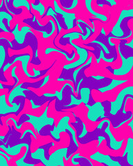 Vibrant Abstract Liquid Marble Pattern. Psychedelic Swirl Background in Pink, Purple, and Turquoise. Modern Camouflage Texture for Fabric Print or Wallpaper