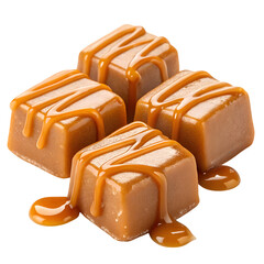 Deliciously sweet caramel candies with a rich golden brown color and drizzled topping isolated on transparent background