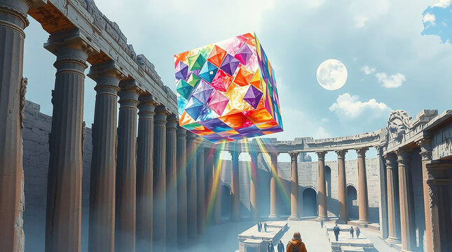 Ancient ruins and a colorful cube floating in the air beauty
