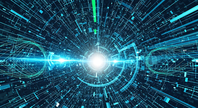Dynamic digital tunnel with glowing light and intricate network patterns, representing futuristic technology and data transmission