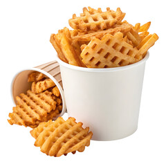 Crispy golden brown waffle fries spilling out of white paper cups isolated on transparent background