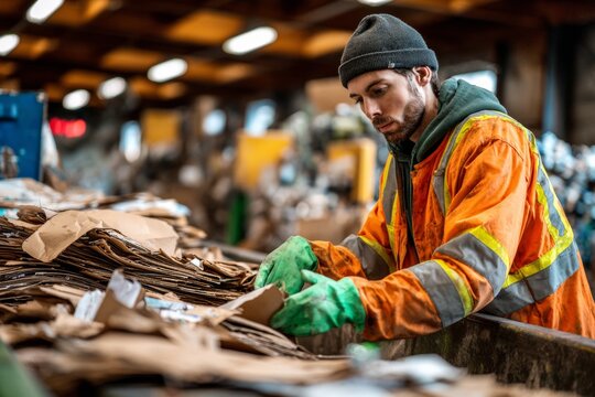 A worker in gloves is carefully sorting cardboard in the recycling center.