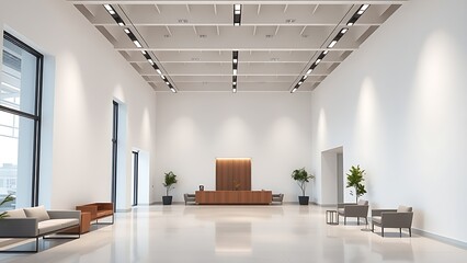 A modern office lobby interior with clean white walls and simple furnishings.
