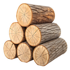 Stacked pile of freshly cut oak firewood logs with visible rings and bark isolated on transparent background