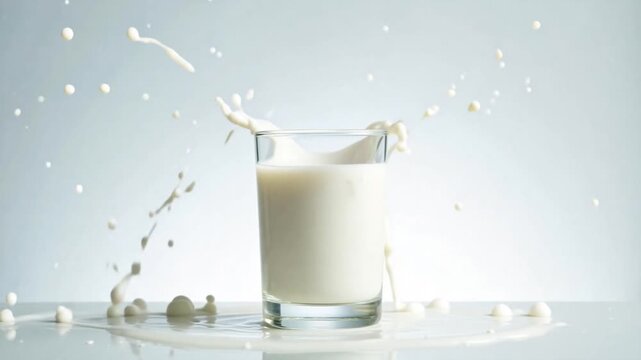 Dynamic strawberry splash in creamy milk glass, a refreshing treat, perfect for healthy lifestyle promotions and summer food campaigns, vibrant and delicious