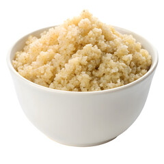 A white bowl filled with fluffy cooked quinoa grain isolated on transparent background