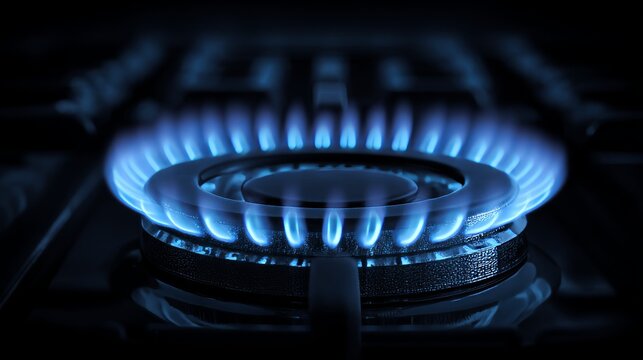 Close-up of a gas stove with a blue flame.
