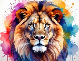 Colorful Watercolor Lion Portrait.