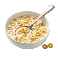 A white bowl filled with crunchy golden cereal rings and milk with a spoon inside isolated on transparent background