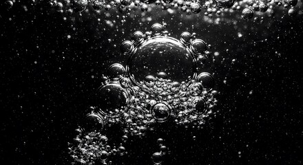 Air bubbles rise through dark water in a mesmerizing black and white macro shot. An abstract background representing purity, life, or underwater effervescence.