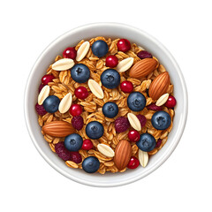 Delicious healthy granola with blueberries almonds and cranberries in a white bowl isolated on transparent background