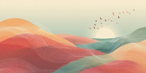 Pastel hillscape with soft lines and birds. Sunrise over undulating terrain
