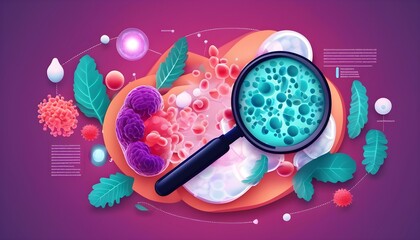 Microscopic view of cells and organisms under a magnifying glass, surrounded by abstract shapes and scientific data.