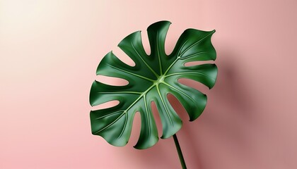A large green monstera leaf rests against a soft pink background. The leaf features distinctive splits and holes, showcasing its tropical appearance.