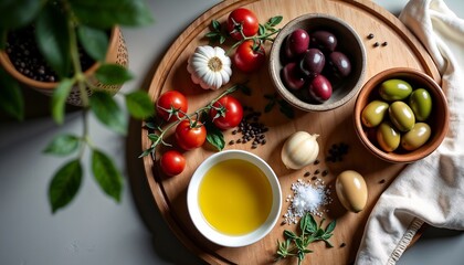 A wooden platter displays fresh ingredients including cherry tomatoes, green and black olives, garlic, olive oil, and herbs. A plant is visible in the background.