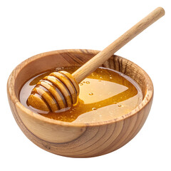 Wooden bowl filled with golden honey and a wooden dipper isolated on transparent background