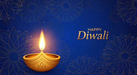 Elegant Happy Diwali festival banner featuring a glowing traditional oil lamp and gold typography on a deep blue mandala background.
