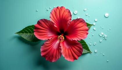 A vibrant red hibiscus flower with green leaves and water droplets on a turquoise background. The flower showcases its intricate petals and natural beauty.