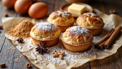 Freshly baked muffins on a wooden table. Ingredients include eggs, butter, and spices. The scene is warm and inviting, perfect for a cozy kitchen atmosphere.