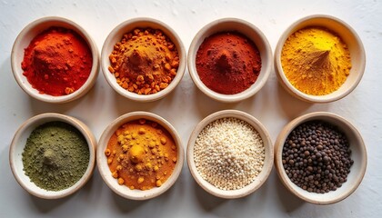 Eight bowls filled with various colorful spices arranged in a row. The spices include red, yellow, green, and brown powders, showcasing a vibrant culinary display.
