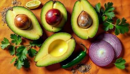 Fresh avocados cut in half, showcasing different varieties. Accompanied by red onion, cilantro, lime, and jalapeño on an orange background.