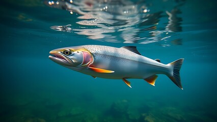 Underwater view of trout swimming in clear stream, showcasing tranquil aquatic scenery.
