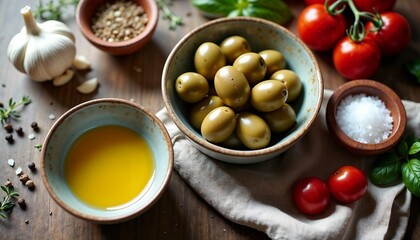 A rustic wooden table displays fresh ingredients for cooking. Green olives, cherry tomatoes, garlic, herbs, and olive oil are arranged attractively.