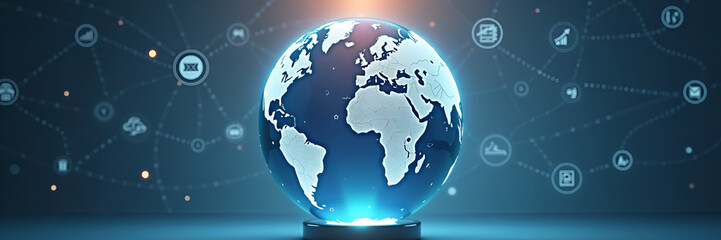 Fototapeta premium A holographic globe embedded with business and financial icons presents a dynamic view of global operations, set against a minimalistic background for effective messaging.