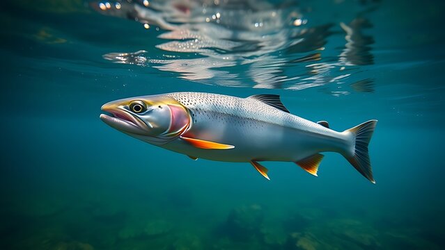 Underwater view of trout swimming in clear stream, showcasing tranquil aquatic scenery.

