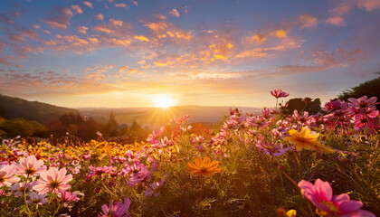 Vibrant Pink And Yellow Flowers Under Soft Pastel Sky At Sunset