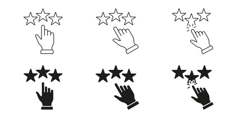 Hand Selecting Star Rating Line And Solid Icon Set. Customer Feedback, Review, And Satisfaction Evaluation Symbol Collection. User Experience And Quality Assessment. Isolated Vector Illustration