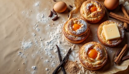 Baked pastries with egg yolks, butter, and spices on a brown surface. Ingredients include flour, eggs, and cinnamon sticks.