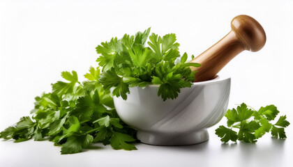 Green Parsley In Pestle And Mortar Isolated On White