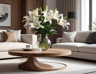 Modern Living Room with Wooden Coffee Table and Lilies.