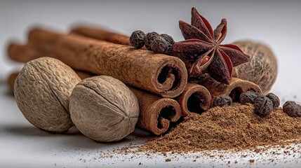 Closeup Cinnamon Nutmeg And Spices On White Background