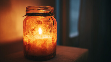 Warm Glow of Candlelight in a Glass Jar Illuminating a Cozy, Peaceful Evening Scene
