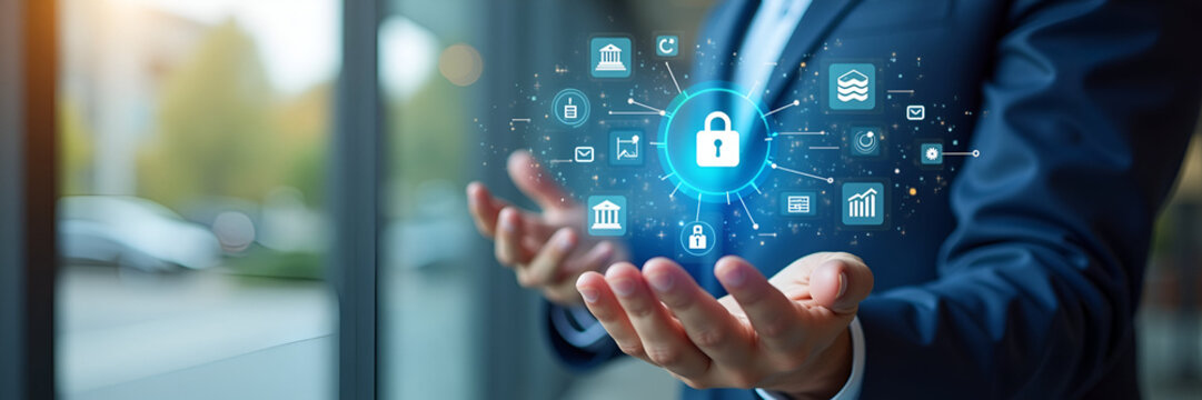 A professional presenting AML concepts using icons representing banking compliance and financial security. Utilizing negative space effectively, the composition emphasizes the importance of regulatory
