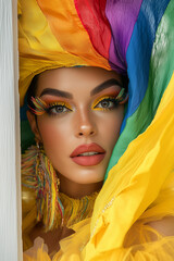 Drag queen dressed in pride colors, representing the moment of coming out, pride flag outfit, self-disclosure, coming out moment, pride fashion, white wooden door, self acceptance, diversity